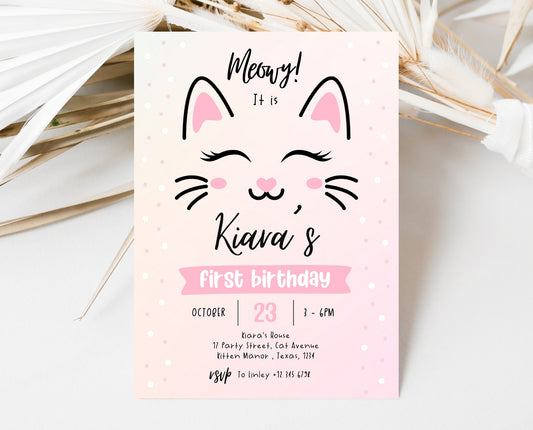 Pink Kitty Cat First Birthday Invitation KGBP02